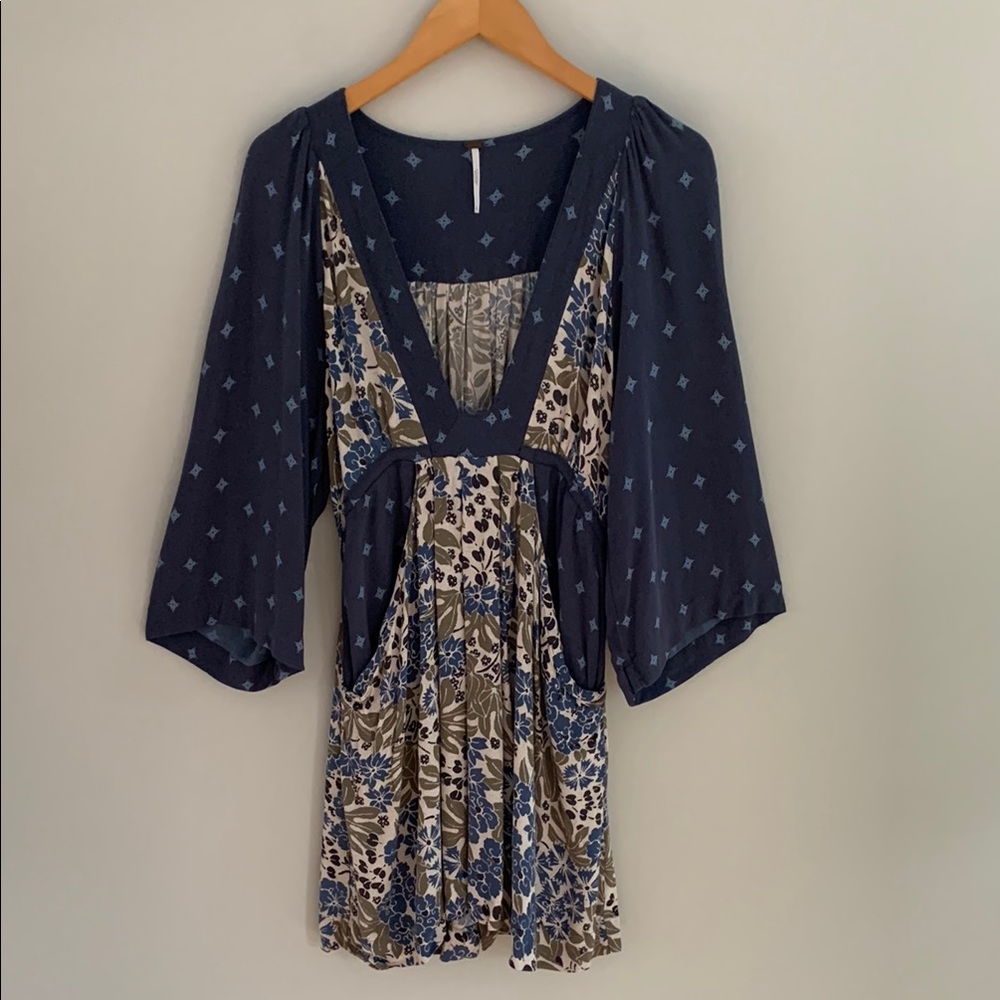 Free People Talulla Blue Floral Long Sleeve Mini Dress Small Boho Cottagecore